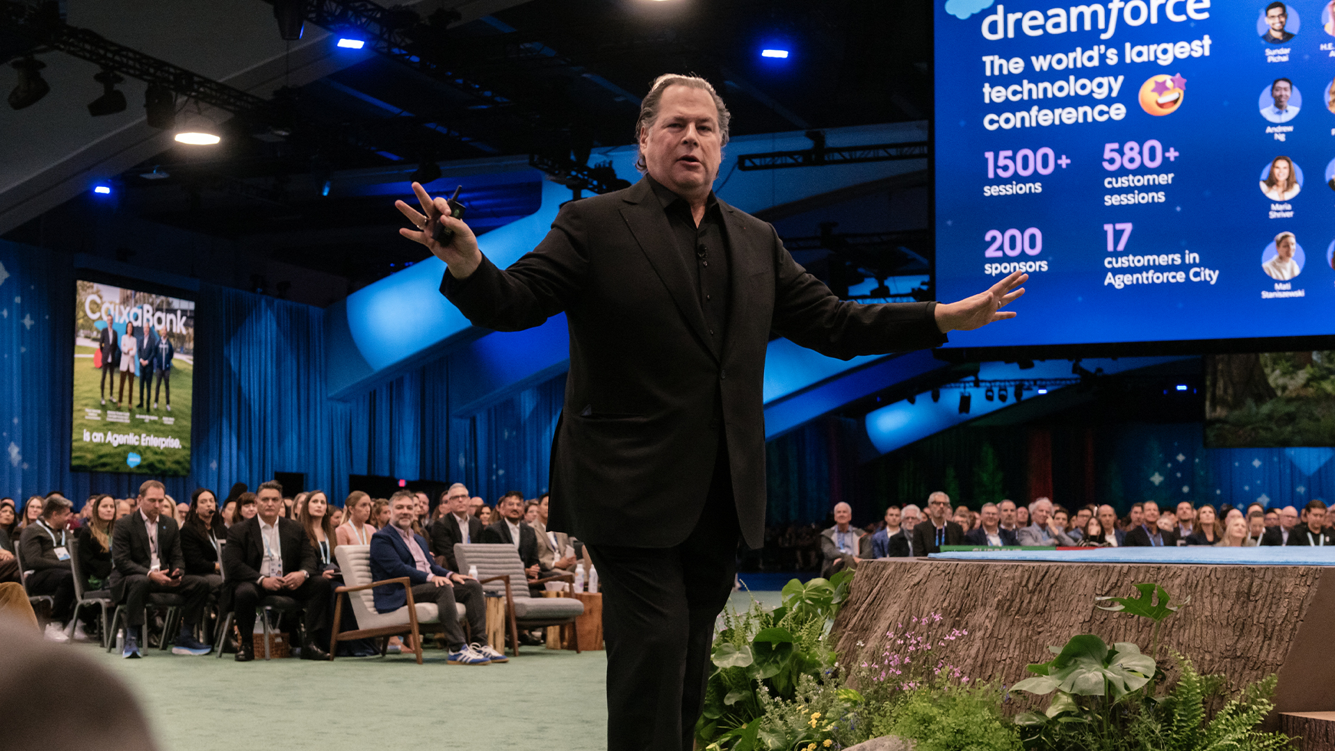 Salesforce CEO Marc Benioff pictured during his keynote presentation at the 2025 Dreamforce conference at the Moscone Center, San Francisco, USA.
