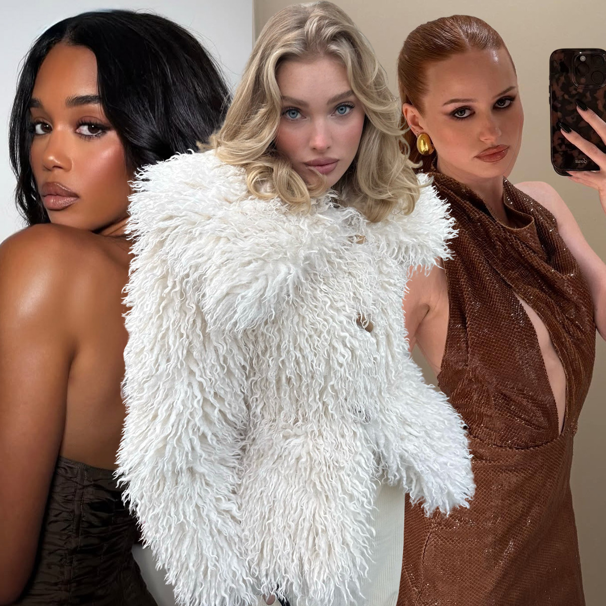 A collage of Laura Harrier, Madelaine Petsch, and Elsa Hosk with trending winter hair colors.