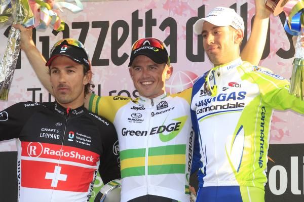 Milan-San Remo 2012 podium: Fabian Cancellara, Simon Gerrans, Vicenzo Nibali