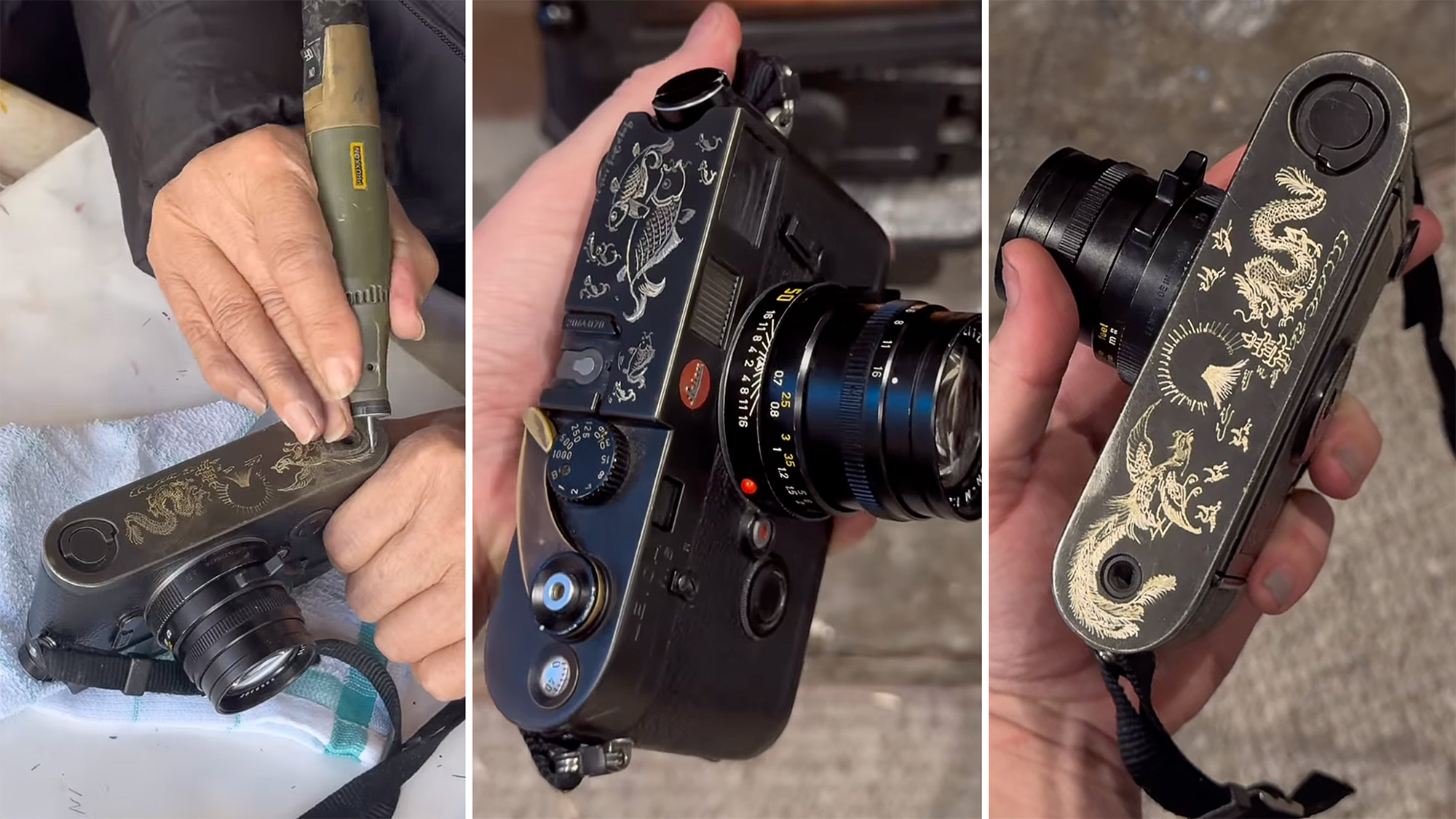 Three screenshots from Instagram Reel showing Leica M6 getting engraved by hand