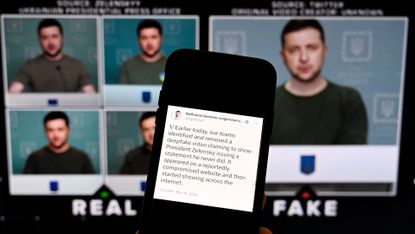A deepfake video of Ukrainian president Volodymyr Zelensky calling on his soldiers to lay down their arms is flagged by Meta in March 2023