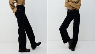 Two images of woman wearing black jeans