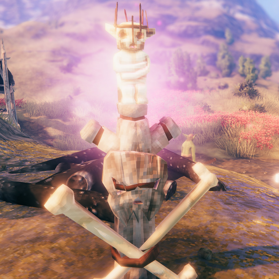Valheim - Fuling Totem on a ritualistic pole in the Plains