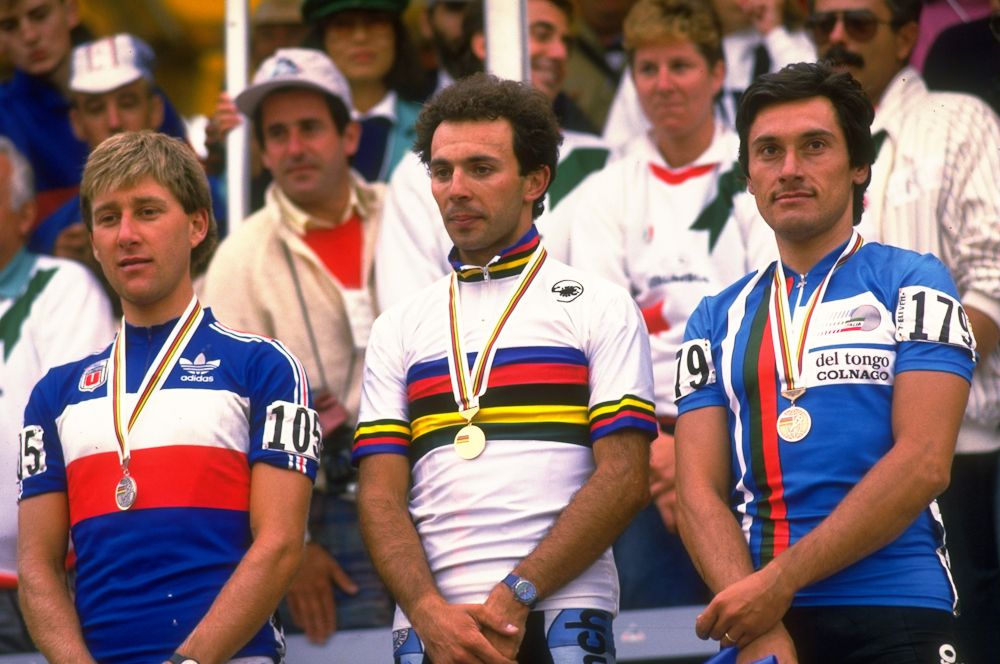 Charly Mottet, Moreno Argentine and Giuseppe Saronni on the 1986 Worlds podium