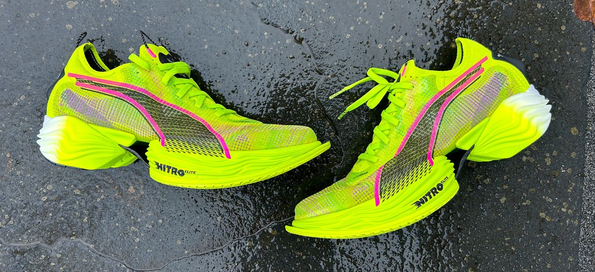 Puma Fast-R 2 Nitro Elite running shoes in neon yellow Ekiden colorway on Tarmac