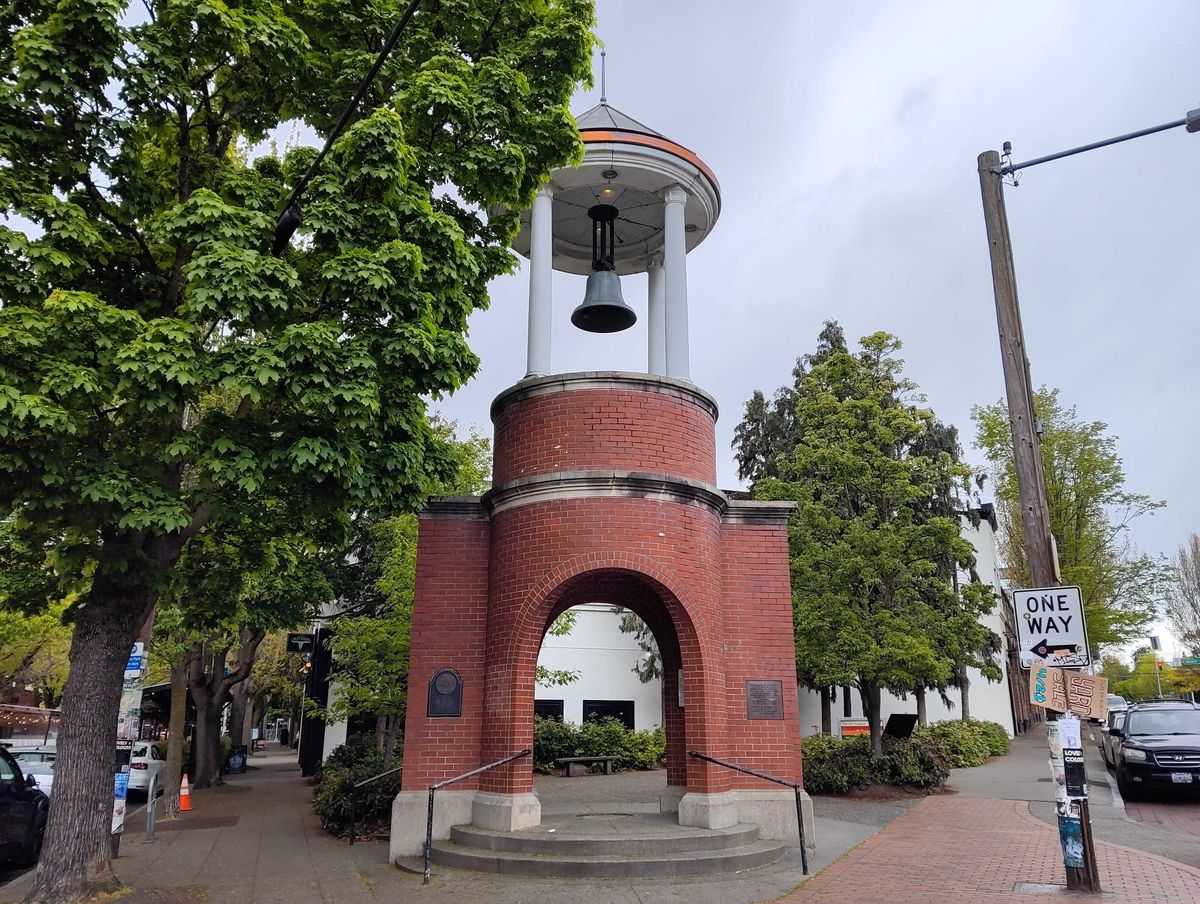 A red and white belltower