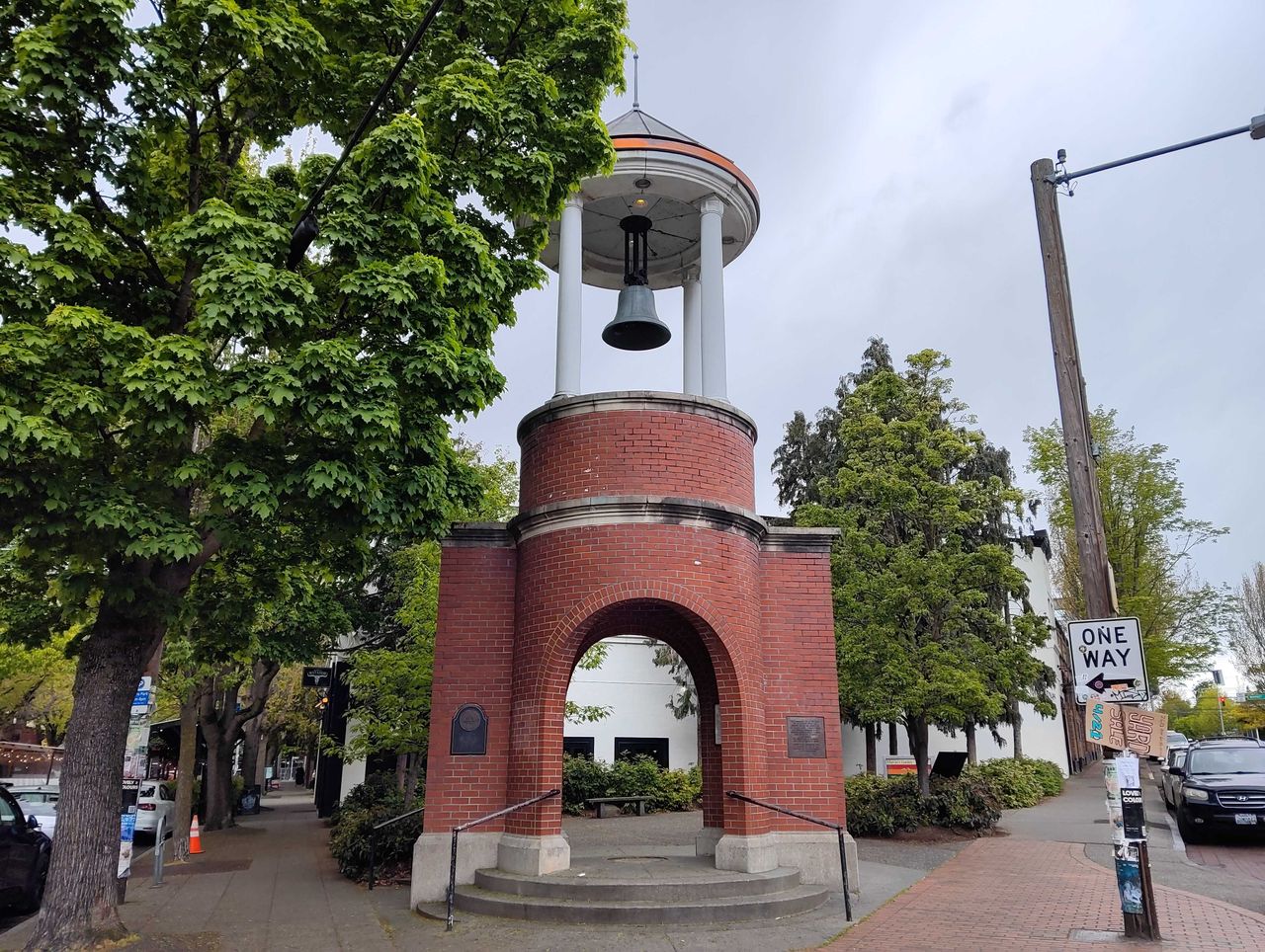 A red and white belltower