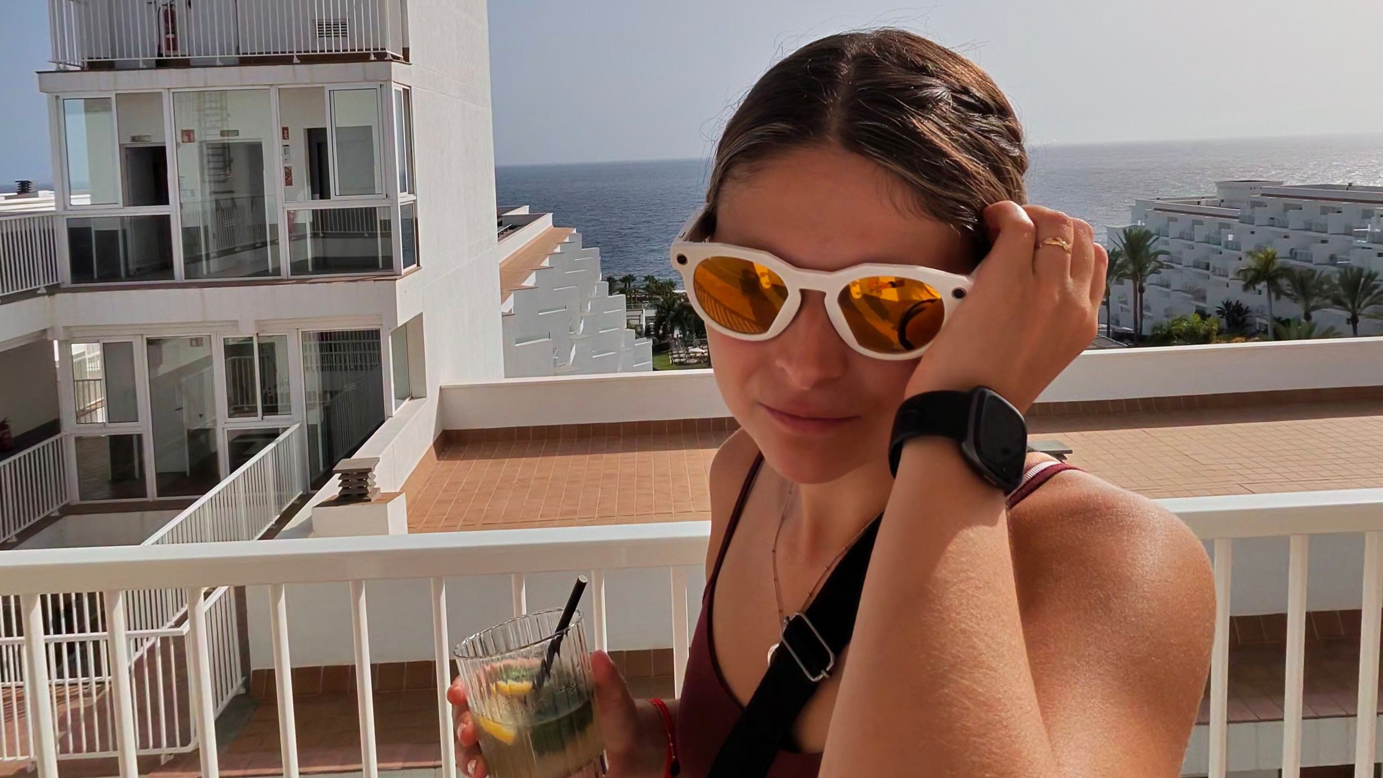 Izzy wearing Oakley meta HSTN glasses in Tenerife