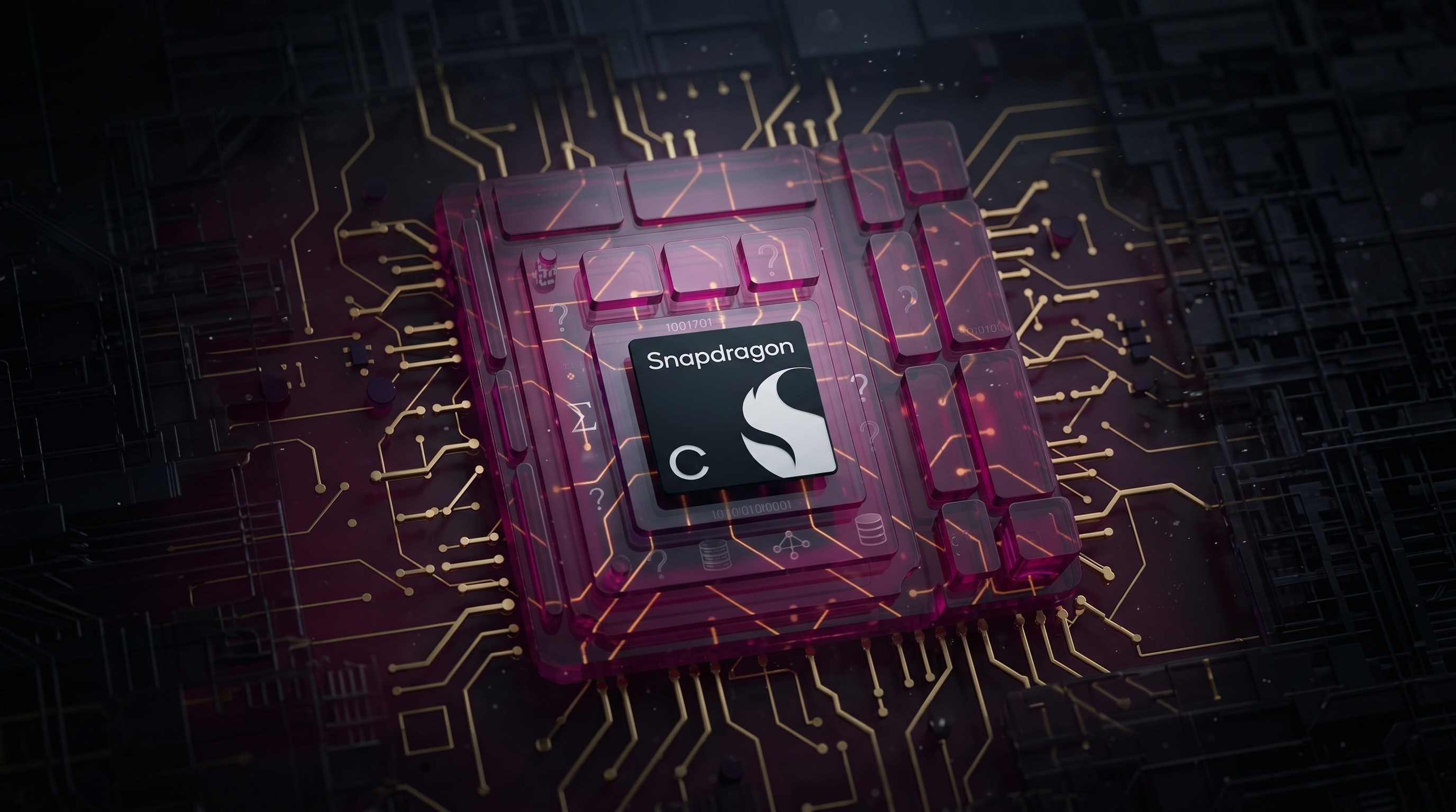 Snapdragon C computer processor surrounded by darkness and question marks