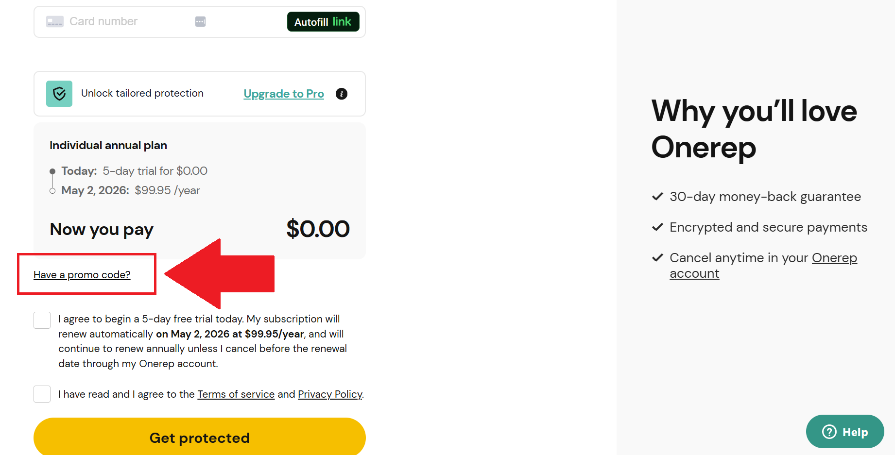 A screenshot of the onerep checkout page showing where to enter a onerep promo code