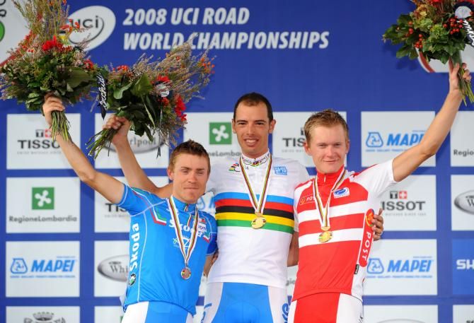 The 2008 Worlds podium of Damiano Cunego, Alessandro Ballan (Both Italy) and Matti Breschel (Denmark)
