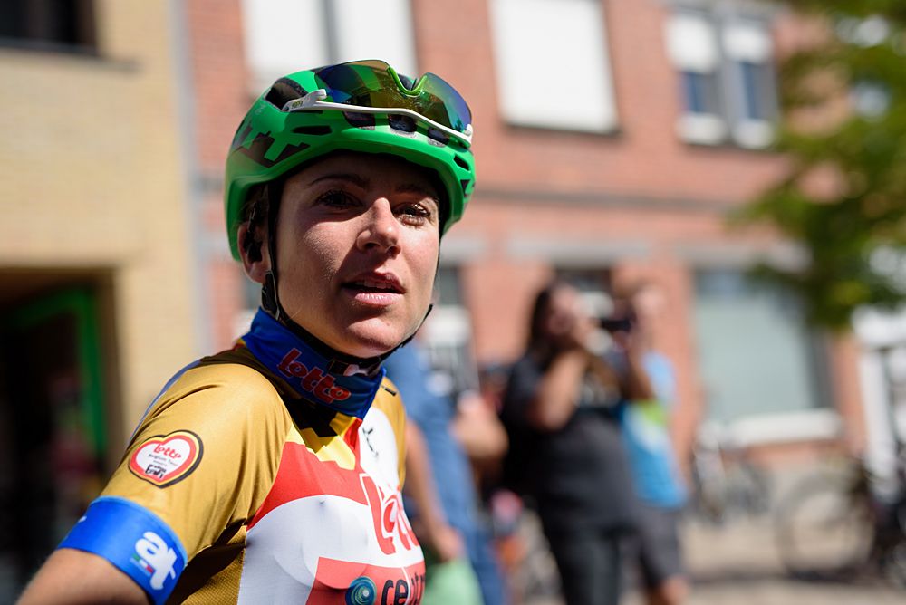 Race leader, Annemiek van Vleuten (Netherlands) waits backstage before sign in at the 121 km Stage 1 of the Lotto Belgium Tour 2016