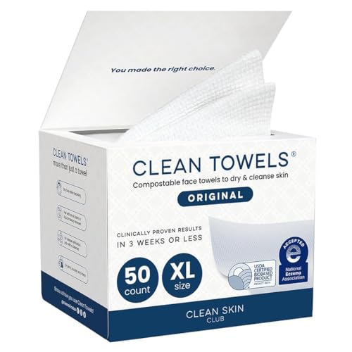 Clean Skin Club Clean Towels Xl&amp;reg;, 100% Usda Biobased Face Towel, Disposable Face Towelette, Eczema Association Accepted, Makeup Remover Dry Wipes, Ultra Soft, 1 Pack, 50 Ct