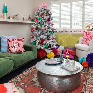 Christmas living room with Christmas tree and coffee table