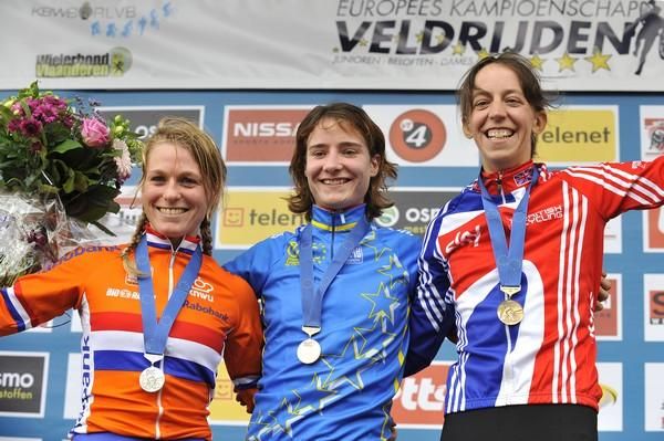 The 2009 European Championship podium: Daphny Van Den Brand, Marianne Vos (Netherlands), Helen Wyman (Great Britain)