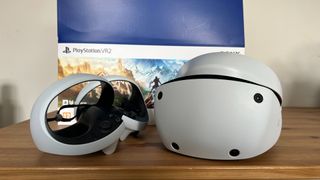 PSVR2- Close up of VR headset and controllers.