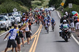 UnitedHealthcare leads the peloton into the feedzone on stage 4 of the USA Pro Challenge in Colorado Springs