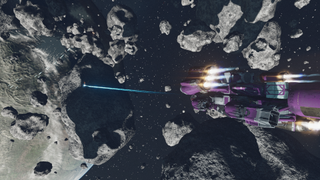 A purple Starfield ship fires lasers at an enemy ship in an asteroid belt.