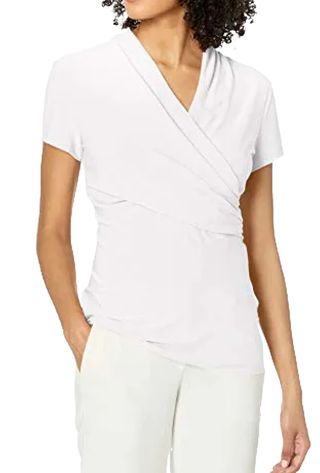 Dkny Women's Short Sleeve Side Ruche Top, White, Large