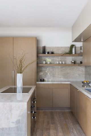 wooden kitchen with marble backsplash by Victoria Holly Interiors