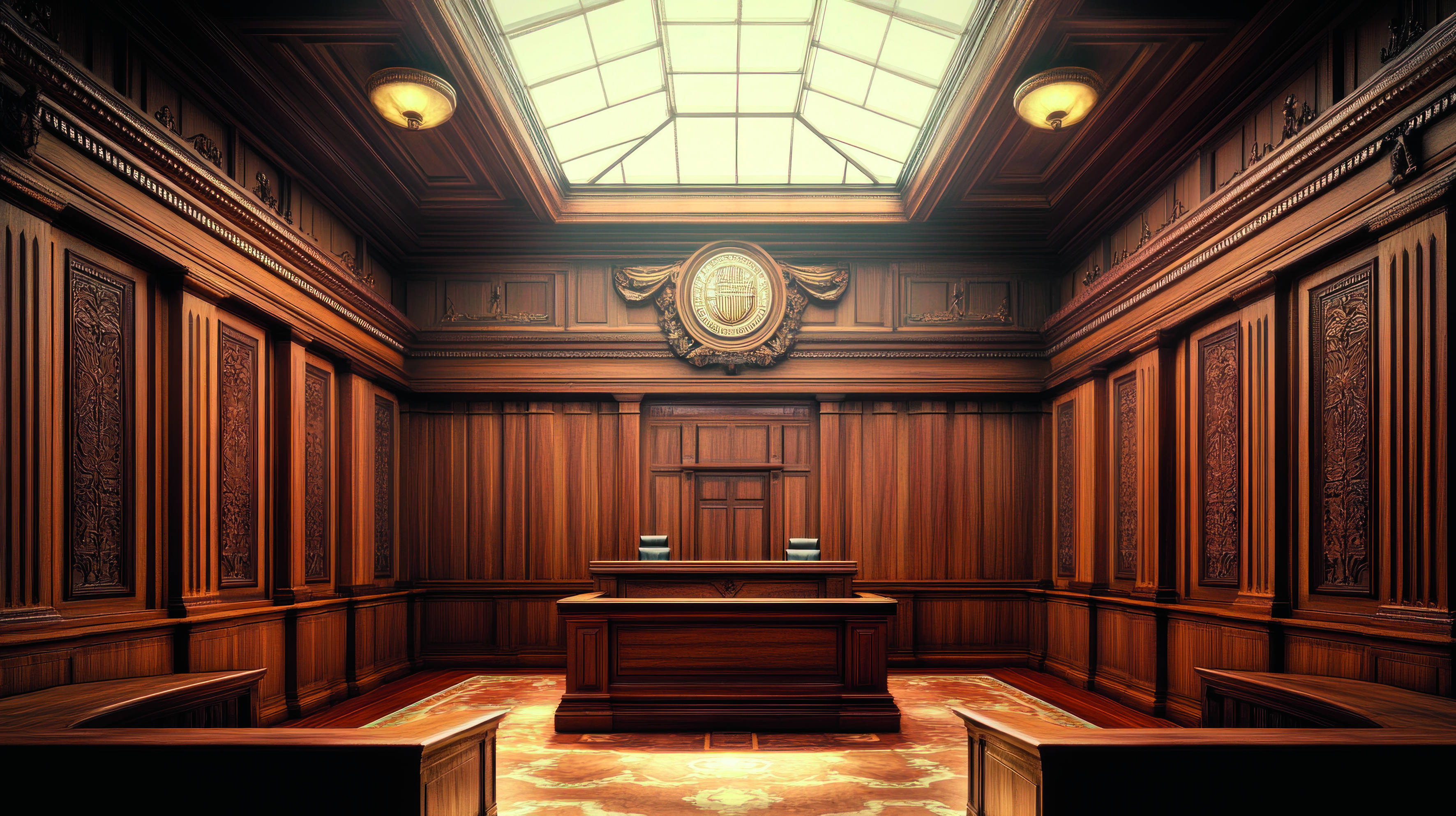 An empty courtroom in warm tones illuminated by a skylight