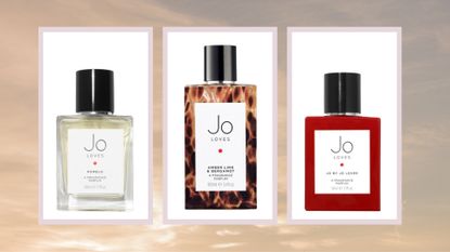 A selection of Jo Loves perfumes, including Pomelo, Amber Lime and Bergamot and Jo By Jo Loves/ in a beige and purple sunset-like template