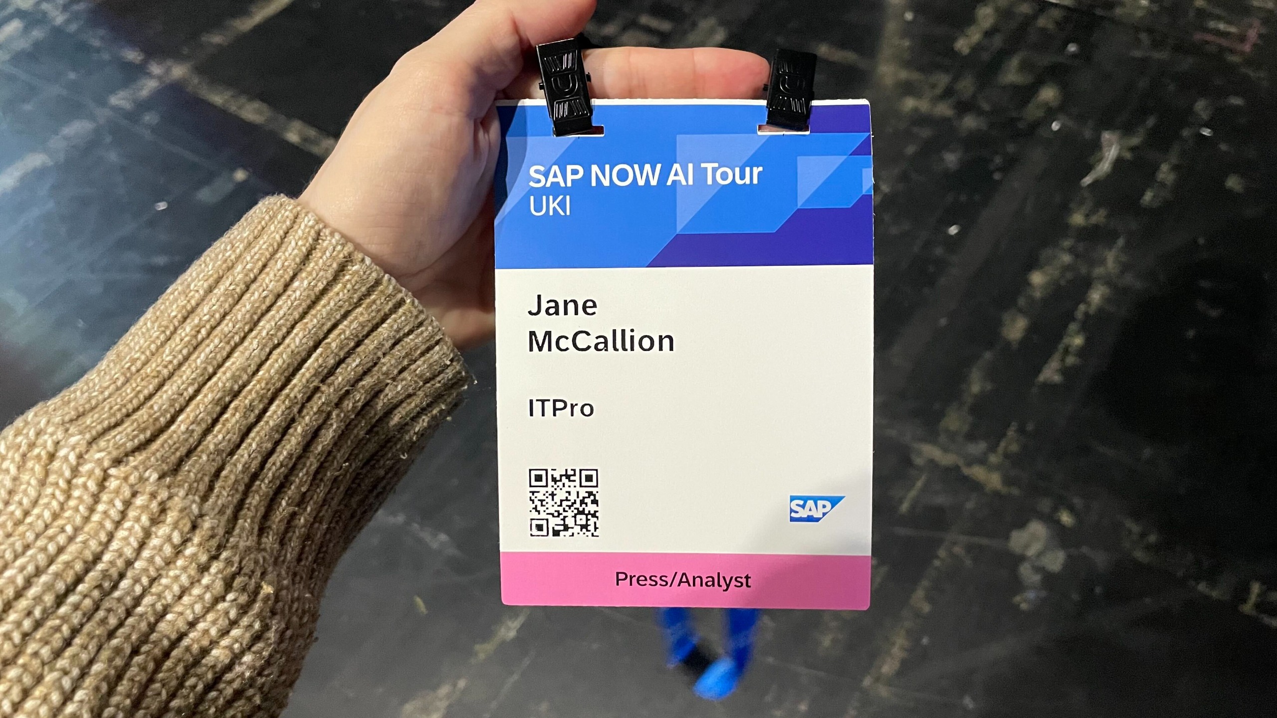 ITPro Managing Editor Jane McCallion attendee badge pictured at SAP AI NOW in Birmingham, UK.