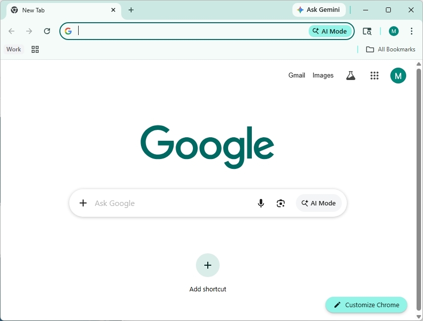 Google Chrome browser open on a new tab page. The search bar is prominent, with "Google" logo above. Options like "Gmail" and "Images" are visible.