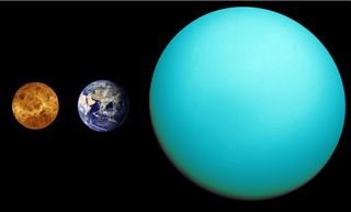 You're getting warmer. Right to left: The size comparison between the ice giant Uranus, Earth and the hottest planet in the solar system, Venus.