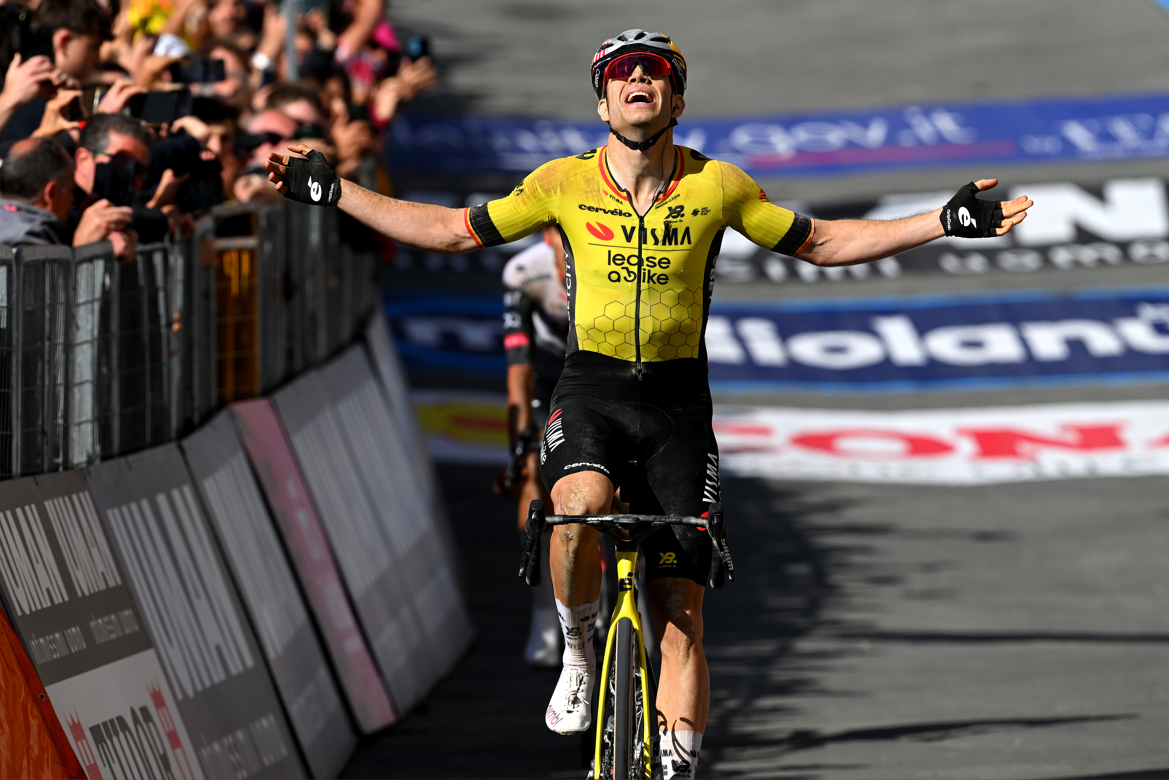 SIENA, ITALY - MAY 18: Wout Van Aert of Belgium and Team Visma | Lease a Bike celebrates at finish line as stage winner during the 108th Giro d&#039;Italia 2025, Stage 9 a 181km stage from Gubbio to Siena / #UCIWT / on May 18, 2025 in Siena, Italy. (Photo by Tim de Waele/Getty Images)
