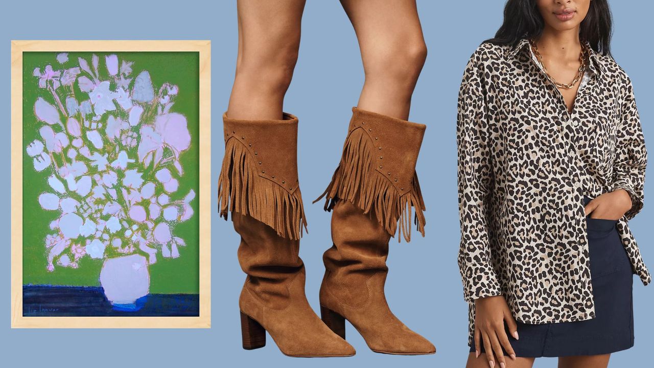 framed print, fringed boots and leopard print shirt, all from the Anthropologie Cyber Monday sale