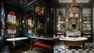 Opulent and decadent bathrooms with dark and rich furnishings