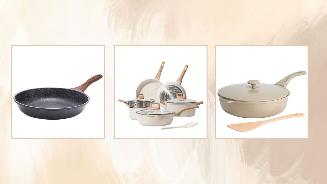 Three Amazon cookware bestsellers - a black skillet pan, a white cookware set, and a beige pan with a lid and wooden spatula, in front of three white squares on a beige and brown patterned background