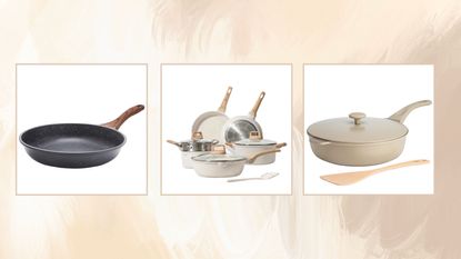 Three Amazon cookware bestsellers - a black skillet pan, a white cookware set, and a beige pan with a lid and wooden spatula, in front of three white squares on a beige and brown patterned background