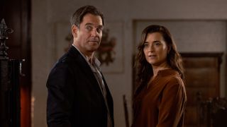 Michael Weatherly and Cote de Pablo with shocked expressions in NCIS: Tony & Ziva