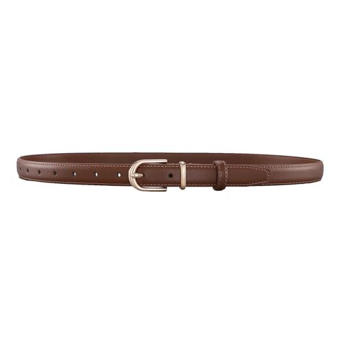 Pettata Women Skinny Leather Belt for Jeans Pants Ladies Thin Waist Dress Belts With Gold Buckle Brown Medium