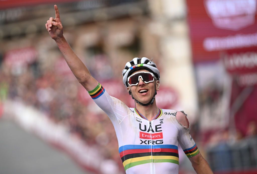SIENA ITALY MARCH 08 Tadej Pogacar of Slovenia and UAE Team EmiratesXRG celebrates at finish line as race winner competes during the 19th Strade Bianche 2025 Mens Elite a 213km one day race from Siena to Siena 320m UCIWT on March 08 2025 in Siena Italy Photo by Tim de WaeleGetty Images
