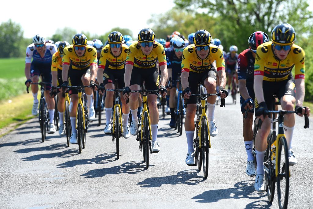 HAJDSZOBOSZL HUNGARY MAY 12 Loe Van Belle of Netherlands David Dekker of Netherlands and Tim Van Dijke of Netherlands and Team Jumbo Visma lead the peloton during the 43rd Tour de Hongrie 2022 Stage 2 a 192km stage from Karcag to Hajdszoboszl tourdehongrie on May 12 2022 in Hajdszoboszl Hungary Photo by Dario BelingheriGetty Images