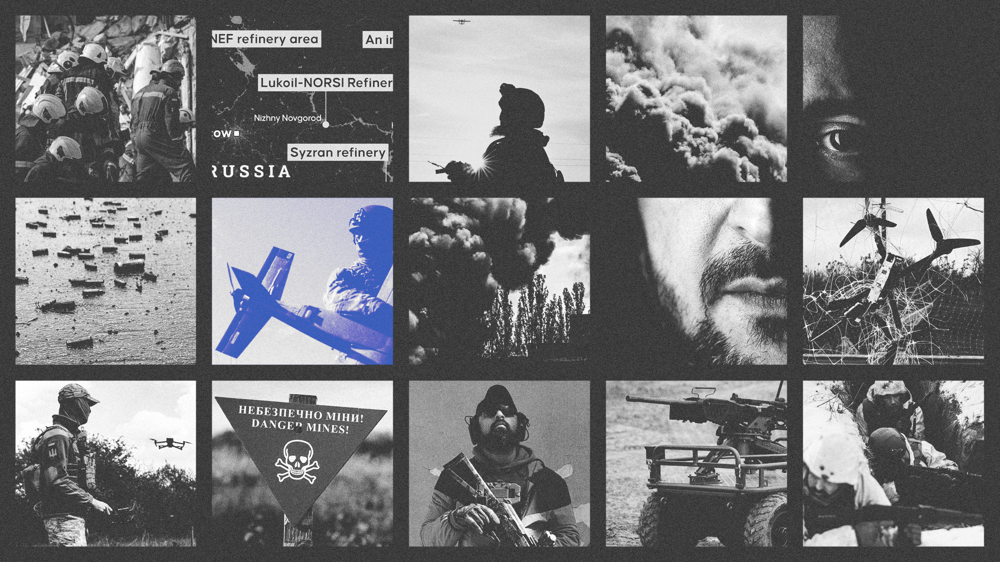 Photo composite illustration of Volodymyr Zelenskyy and scenes of drones, UGVs and other warfare in Ukraine