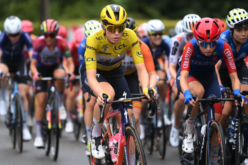 LIEGE BELGIUM AUGUST 14 Demi Vollering of The Netherlands and Team SD Worx Protime Yellow leader jersey competes during the 3rd Tour de France Femmes 2024 Stage 4 a 1227km stage from Valkenburg to Liege UCIWWT on August 14 2024 in Liege Belgium Photo by Alex BroadwayGetty Images