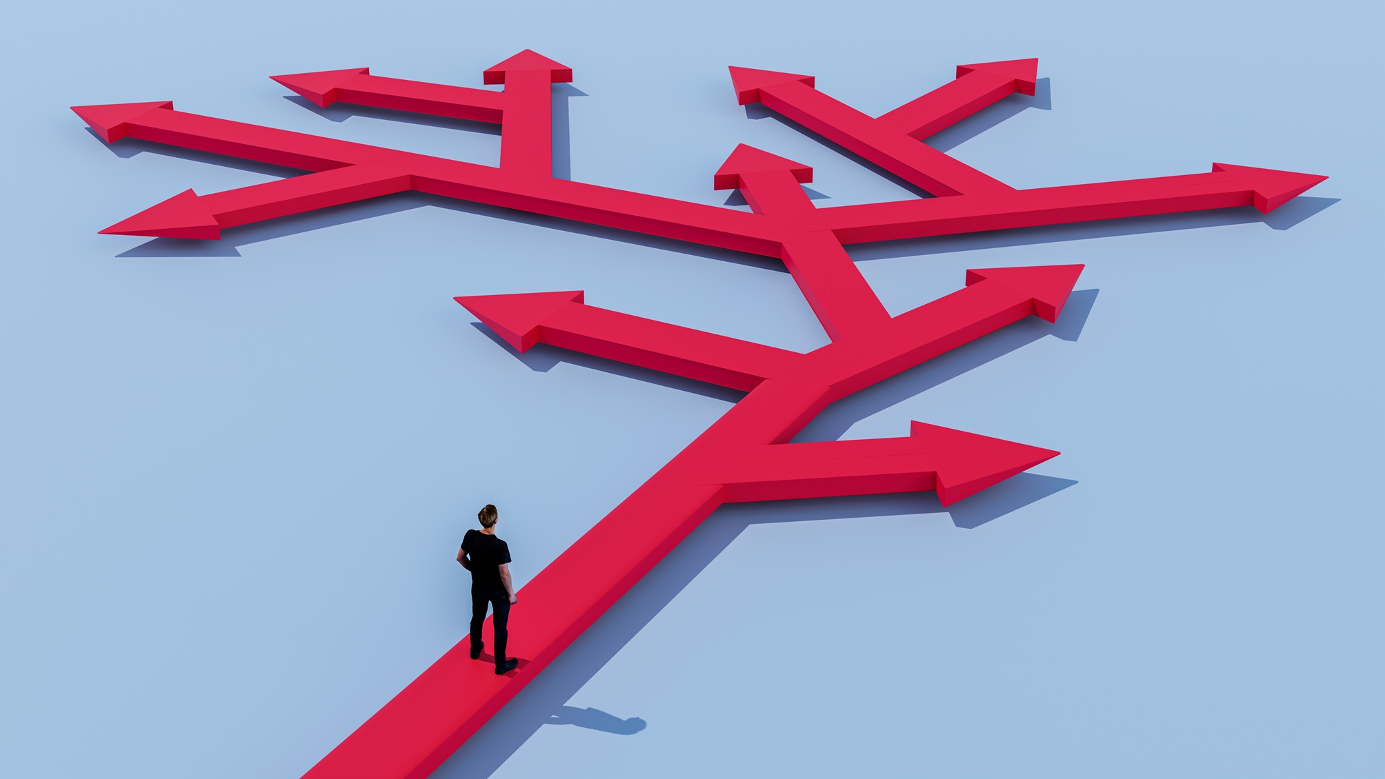 Illustration of a man standing on a many-branched red arrow.