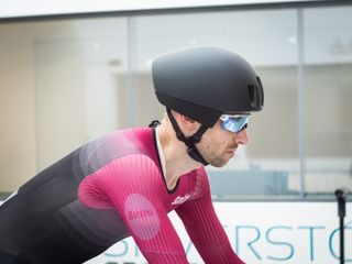 Tom riding in the wind tunnel wearing the POC Procen Air helmet without the visor
