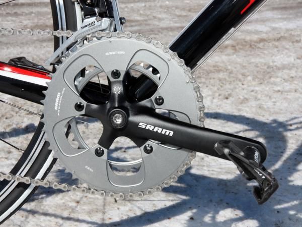 SRAM's S100 crank is an entry-level solid-forged aluminum piece with an internal bearing bottom bracket but Specialized spruces it up with stiffer chainrings from SRAM's top-end Red group.