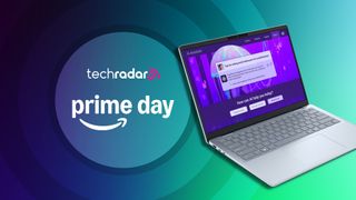 Dell 14 Plus laptop against blue and green TechRadar Prime Day deals background
