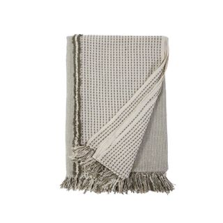 A green and ivory textured throw blanket