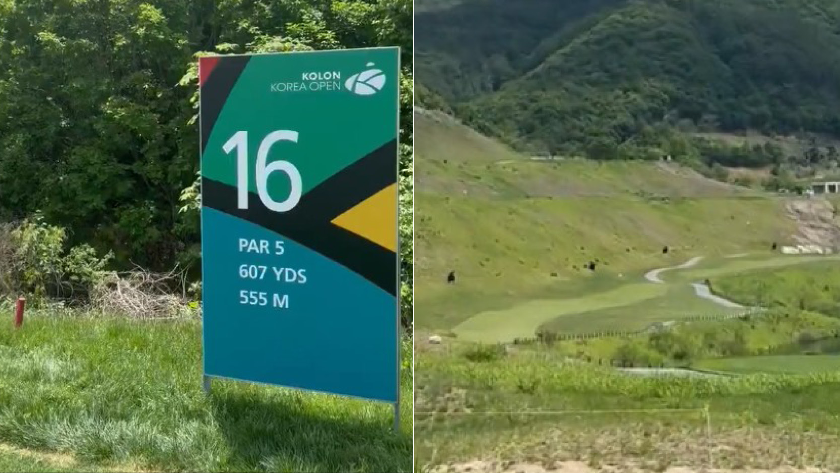 A 16th hole tee marker, with a close up of the 16th fairway