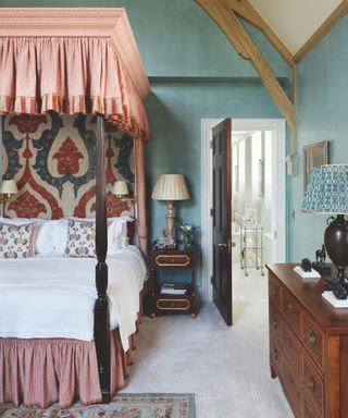 Bedroom with blue walls and four poster