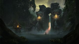 Diablo 4 Vessel of Hatred artwork showing the lush landscape of Nahantu