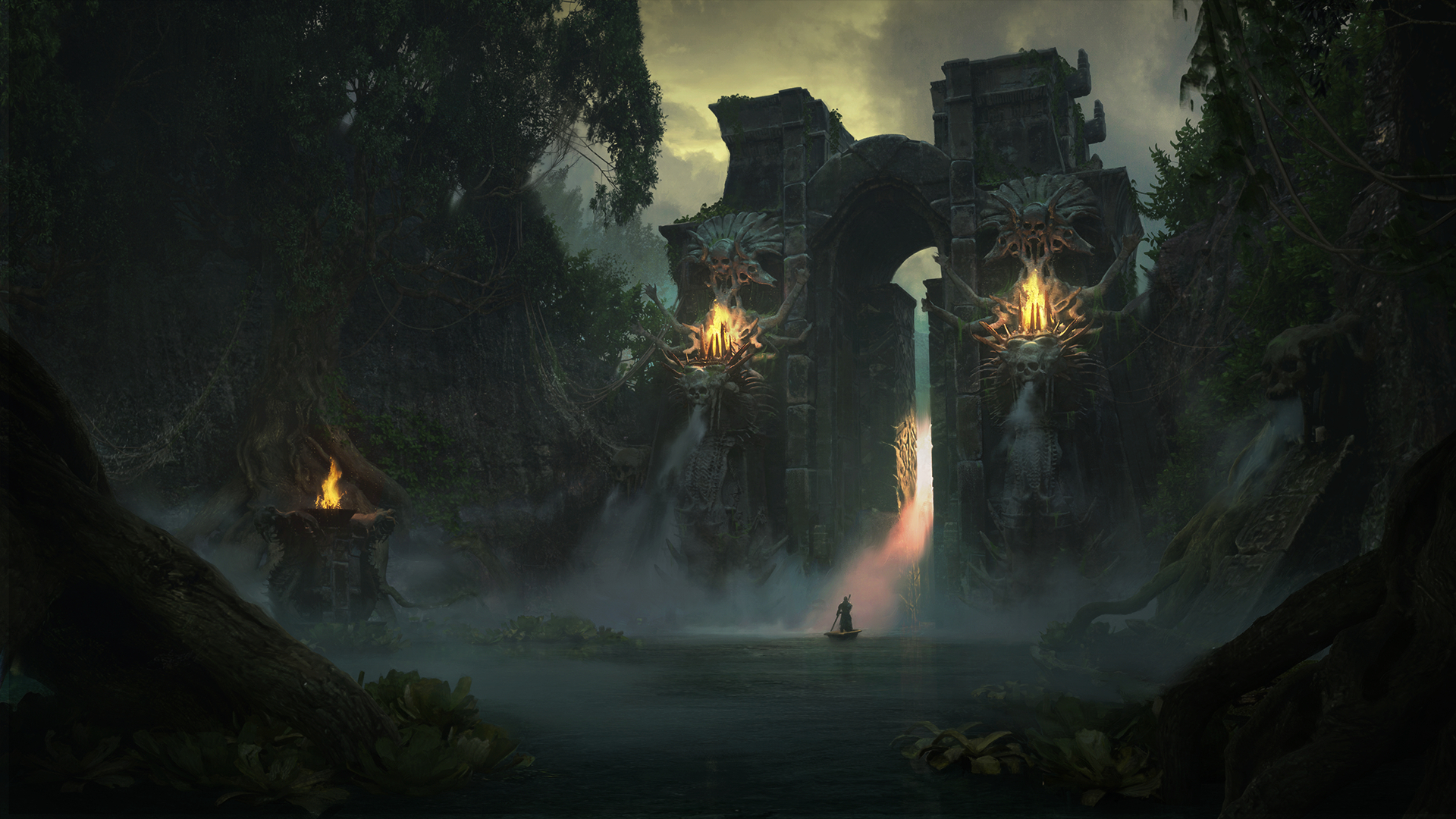 Diablo 4 Vessel of Hatred artwork showing the lush landscape of Nahantu