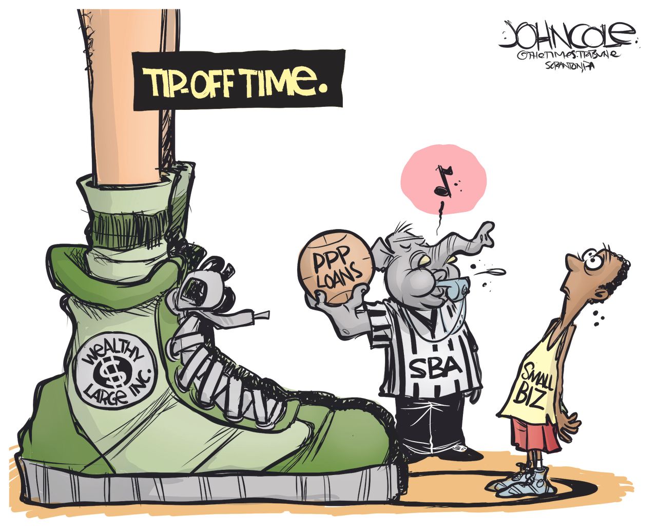 Political Cartoon U.S. tip off time big vs small business no match basketball PPP loans